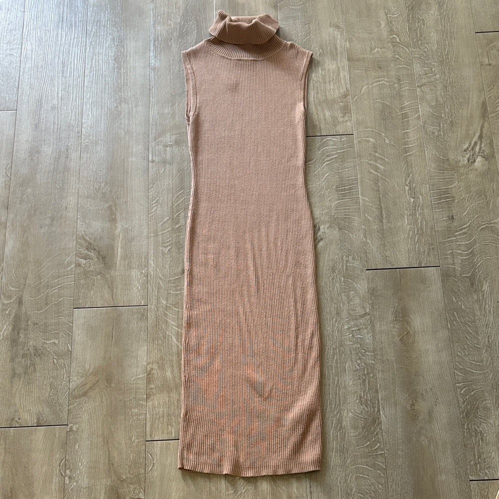 “ Yet Again” Elegant Sleeveless MIDI Tan Turtleneck Dress Size Small
